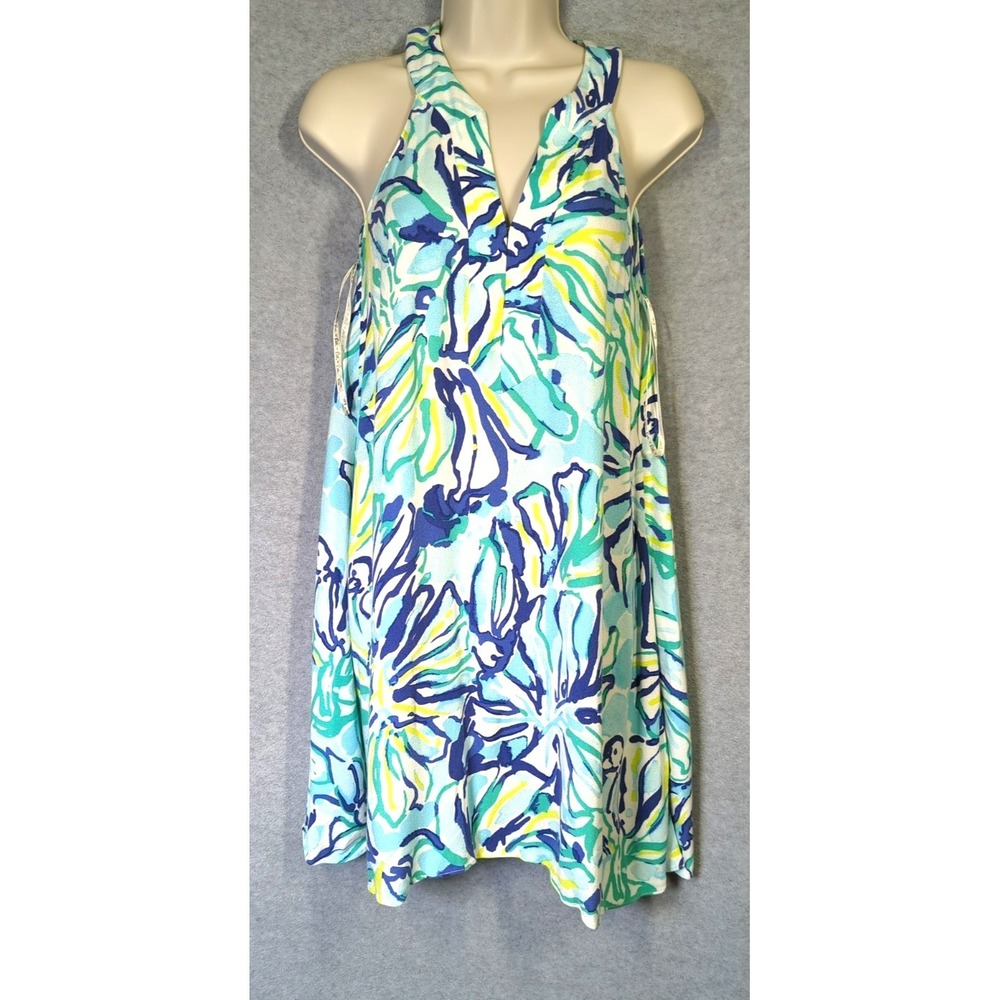 Lilly Pulitzer Dress XXS Deep V-Neck Blue Green Sleeveless Beachy Cruise Resort